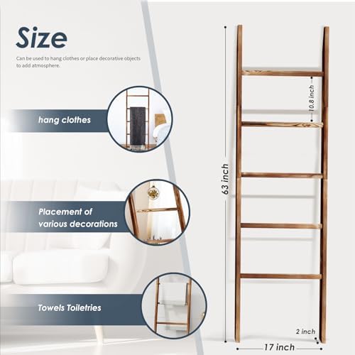 5-Tier Blanket Ladder Wooden, 5.3FT(63'') Blanket Quilt Holder Rack Decorative Ladders, Easy Assembly, Rustic Farmhouse Ladder Shelf for The Living Room Bedroom Bathroom Home Decor, Brown - Image 4