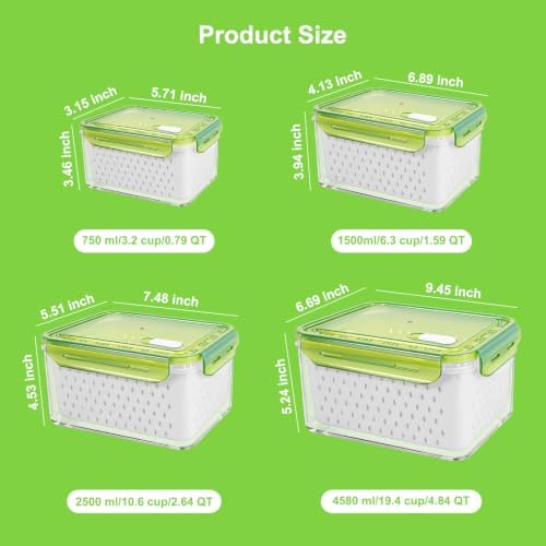 4Pack Fruit Storage Container for Fridge with Colander and Vent - Green - Image 3
