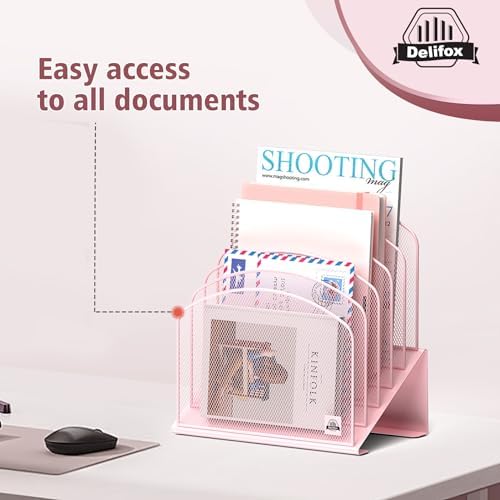 Delifox Inclined Desk File Organizer,Vertical File Folder Holder Stand Metal Rack File Sorter for Office Classroom Desktop Organization (1, Pink, 5) - Image 5