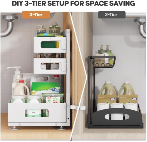 2 Pack Under Sink Organizer,Pull Out Cabinet Organizer With Smooth Cylindrical Rail,Metal Slide Out Drawer for Kitchen Bathroom Laundry Cabinet,8-Level Tool Free Height Adjustable-White - Image 4