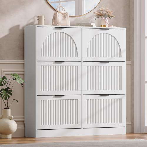 Fluted Shoe Storage Cabinet for Entryway, 6 Flip Drawers, White by BOXACTION