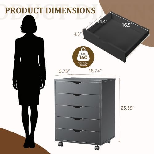 5 Drawer File Cabinet with Wheels, Under Desk Storage Drawers, Black - Image 3