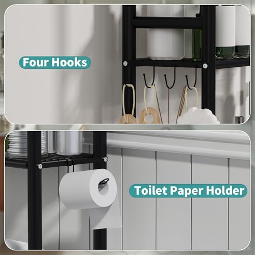 3-Tier Over The Toilet Storage Organizer, Space-Saving Bathroom Rack with Paper Holder & 4 Hooks, 64" Tall Freestanding Carbon Steel Shelf for Small Apartment Laundry Room (Black) - Image 5