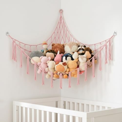 Stuffed Animal Storage Hammock Corner Net, Large Macrame Stuffed Animal Organizer Holder, Cotton Hanging Toy Hammock for Plush Toys, Boho Nursery Girls Bedroom Dorm Room Decor, Pink - Image 6