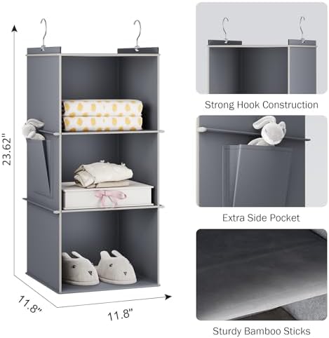 YOUDENOVA Hanging Closet Organizer and Storage for Clothes, 3-Shelf, Grey - Image 5