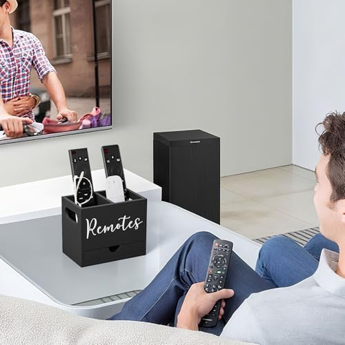 Remote Control Holder, TV Remote Holder with Drawer, Wood Remote Control Organizer for Table, Media Storage Box for Nightstand, Living Room (Black,2 Slots) - Image 2