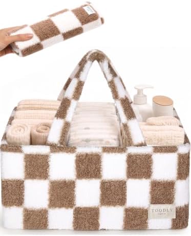 Baby Diaper Caddy Organizer with Waterproof Changing Pad, Checkered Taupe by Toodly