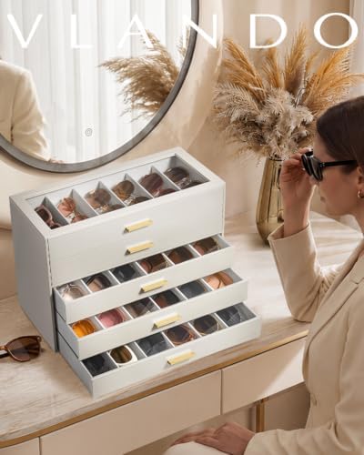 VLANDO 30-Slot Sunglasses Organizer Case with Clear Lid & 5 Drawers,Beige - Image 2