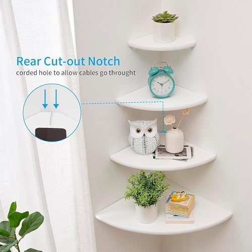 Corner Shelves, White Floating Corner Shelf, Set of 2 12inch Solid Oak Wood Wall Shelves, Round End Wall Mount with Wire Hole for Small Plant for Bedroom Kitchen, Living Room - Image 2