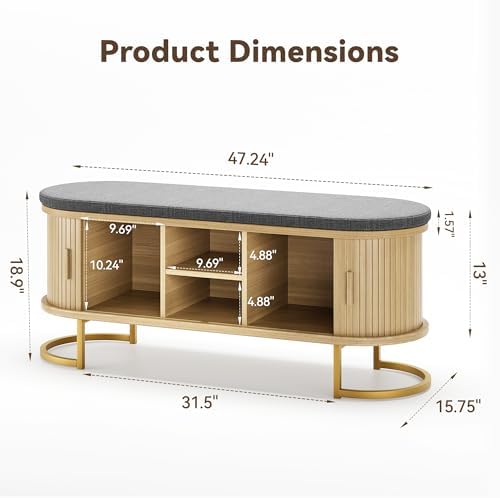 Decofy Shoe Storage Bench with Cushion and Sliding Doors, 47.2 Inch Shoe Bench with Storage, Freestanding Entryway Bench with Storage, Sturdy Metal Feet, for Hallway & Entrance Hall, Oak - Image 2
