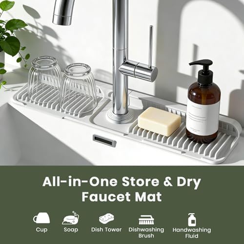 2PCS 24 Inch Faucet Mat for Kitchen Sink, Silicone Splash Guard for Kitchen Sink Area, 7° Slope Fast Self-Draining Sink Mat, Cuttable Hole Design, Sink Backsplash Guard Draining Mat, Light Grey - Image 4
