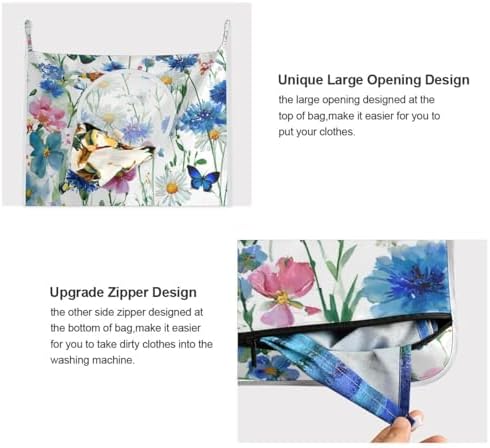 Door Hanging Laundry Hamper Bag with Free Adjustable Stainless Steel Hooks Dirty Clothes Hamper Extra Large Over the Door Laundry Hamper White Floral Daisy 29.5X20inch 2Pack - Image 4