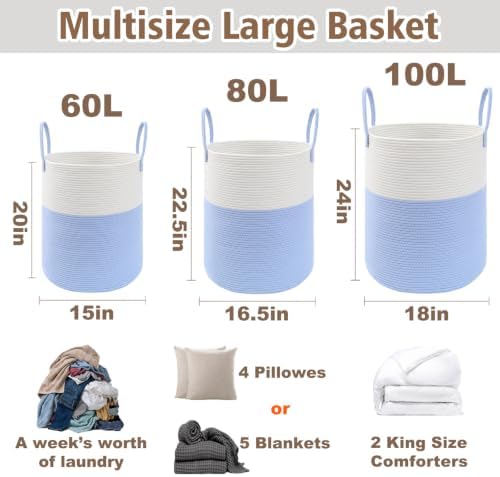 JMvicyroam 80L Cotton Rope Laundry Basket Hamper, White and Blue - Image 2