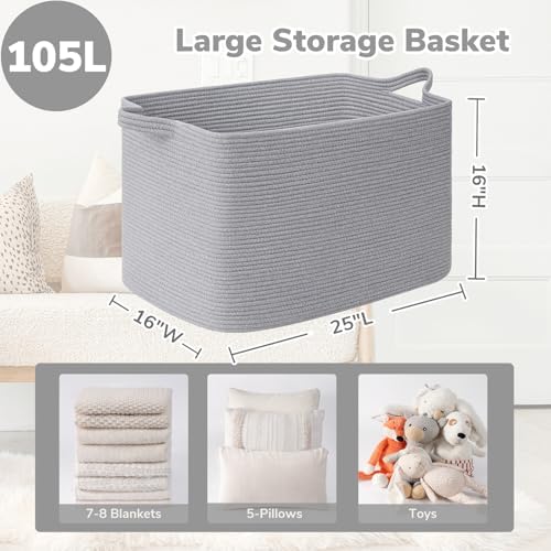 Goodpick 105L Extra Large Woven Rope Blanket Basket, Rectangle, Gray - Image 3