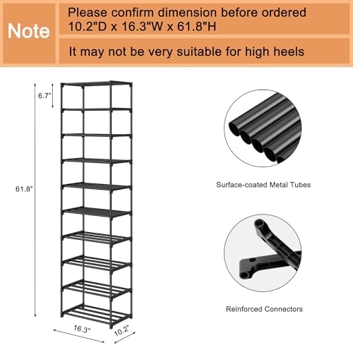 Autonomier 10 Tier Tall Shoe Rack (16.3" Wide), Narrow Lightweight Shelf - Image 3