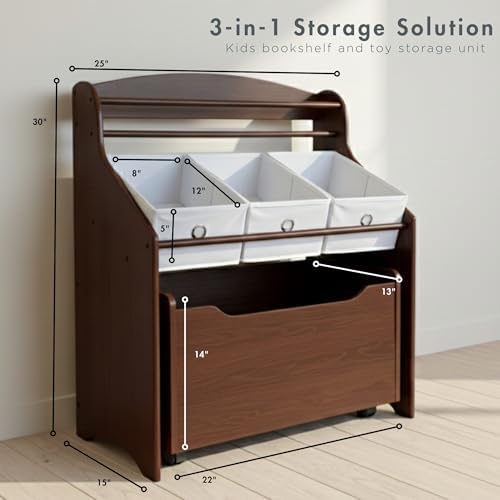Humble Crew 3 in 1 Kids Bookshelf, Toy Organizer and Rolling Toy Box, Wood - Image 2