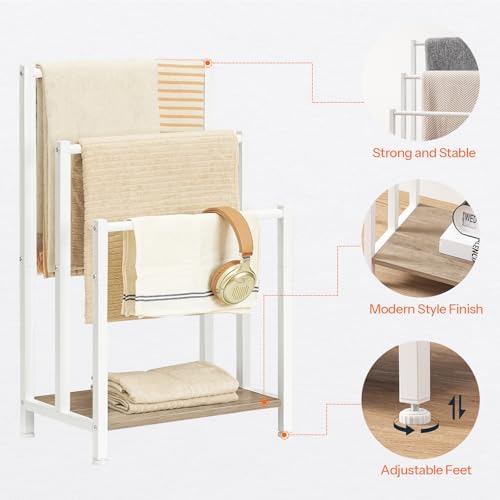 HOOBRO Free Standing Towel Rack, 3 Tier Blanket Rack, Blanket Holder for Bathroom, 16.9" L x 11" W x 31.9" H, Industrial Metal Drying and Display Rack with Shelf, White and Grey WG03LB01 - Image 4