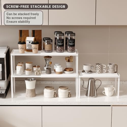 Magheo Expandable Kitchen Countertop Organizer, 1 Pack Stackable Cabinet Shelf Risers, Metal Spice Rack Heavy Duty Counter Organizer Storage for Kitchen, Pantry, Cupboard, Rv (8.7in Height,White) - Image 3