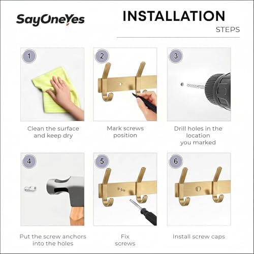 Brushed Gold Wall Mounted Coat Rack – 17 Inch Stainless Steel Rail with 6 Double Coat Hooks for Entryway, Bathroom, Bedroom, Kitchen – Modern Gold Hook Rack for Coats, Hats, Towels - Image 7