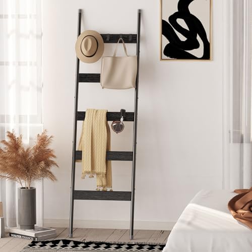 Blanket Ladder, 5-Tier Towel Holder with 4 Removable Hooks, Farmhouse Wall Leaning Decorative Rack Shelf, Wooden Towel Display Rack, Quilt Ladder for Living Room, Bedroom, Black - Image 4