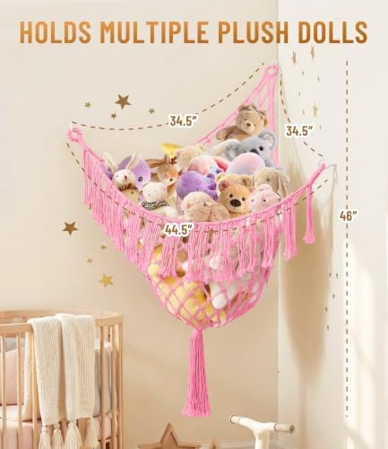 Lare Stuffed Animal Storage Hammock Corner Net - 45" W x 45" H (Rose Pink) - Image 6