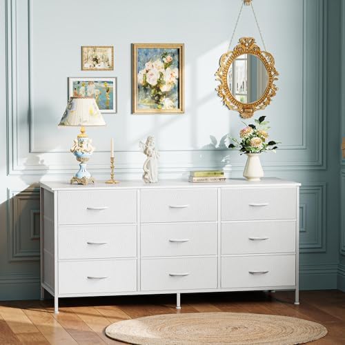 Huuger 9 Drawer Dresser, 47 Inch TV Stand for 50, 55 Inch TV, Entertainment Center with Drawers, Fabric Dresser Chest of Drawer for Bedroom, Closet, PU Leather Surface, White - Image 4