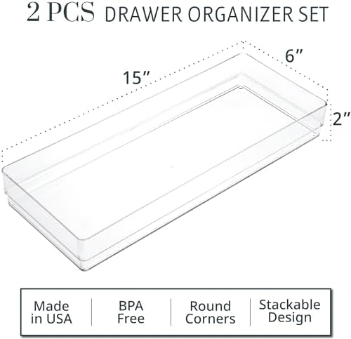 STORi SimpleSort 2-Piece Stackable Clear Drawer Organizer Set | 15" x 6" x 2" Rectangle Trays | Wide Makeup Vanity Storage Bins and Office Desk Drawer Dividers | Made in USA - Image 2