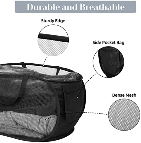 Durable Collapsible Laundry Baskets, Mesh Pop Up Laundry Hamper with Side Pocket, Foldable Clothes Storage Hamper with Reinforced Carry Handles for Laundry, Bathroom, Kids Room, Dorm or Travel Black - Image 4