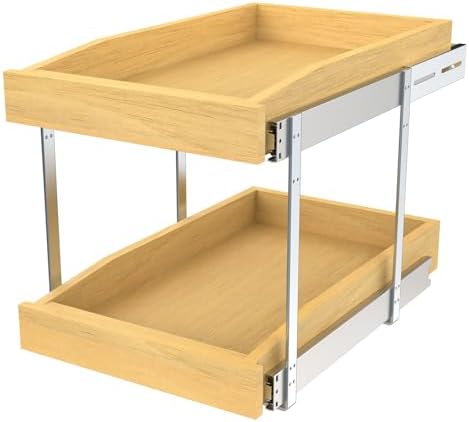 2 Tier Pull Out Cabinet Organizer, 20"W x 21"D Solid Wood Heavy-Duty Base Bottom Assembly Slide out Drawer Shel Cabinet Organization for Kitchen, Pantry, Bathroom by Pulloutor