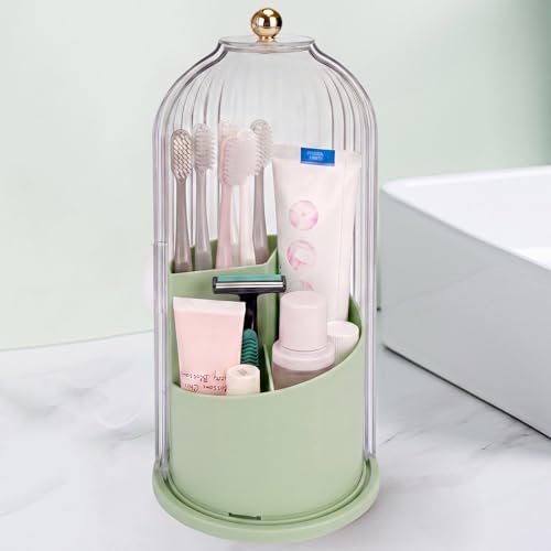QIYVLOS Toothbrush Holders with Sliding Lid, Rotating 3 Slots Bathroom Organizer Countertop, Tooth Brush Toothpaste Holder Bathroom Counter Stand Sink Organizer Caddy for Makeup Brushes Holder (Green) by QIYVLOS