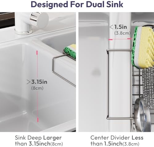 SWTYMIKI Sponge Holder for Kitchen Sink - Movable Kitchen Sink Caddy with M Hook Stainless Steel Hanging Sponges Caddy Organizer in Double Bowl Sinks Depth>3.15in, Middle Divider<1.5in, Sand Nickel L - Image 2