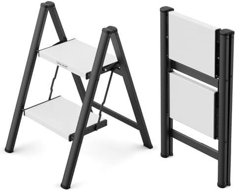 WOA WOA 2 Step Ladder, Foldable Step Stool, 300lbs Load, Black & White by WOAWOAHOME