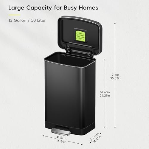 EKO Hudson 50 Liter/13.2 Gallon Kitchen Trash Can with Soft Close Lid, Stainless Steel Step Trash Can, Garbage Can with Rear Trash Bag Storage Compartment for Kitchen, Matte Black - Image 2