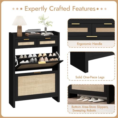 HOKYHOKY Rattan Shoe Storage Cabinet with 2 Drawers & 2 Flip Drawers - Image 6