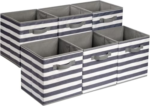 Amazon Basics Collapsible Fabric Storage Bins with Handles, Cube Organizer for Home Organization, White/Light Grey Stripe, 10.5"x10.5"x11" (Pack of 30) by AmazonBasics