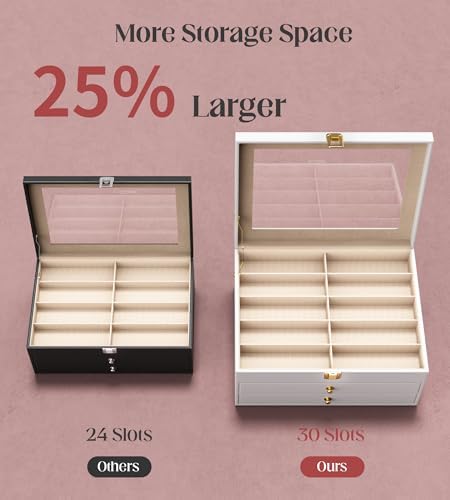 Sunglasses Organizer Storage Box - 30 Slots Eyeglass Display Case for Multiple Pair Glasses, 3-Layer Holder with Clear Glass Lid, Jewelry and Watch Collection Box for Women and Men, White - Image 4