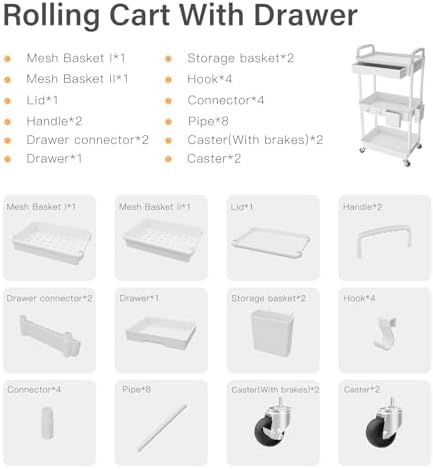 3 Tier Rolling Utility Cart with Drawer,REBECAT Utility Cart Made of Multifunctional Storage Organizer Tool for Kitchen,Bathroom,Living Room,Office(White) - Image 4