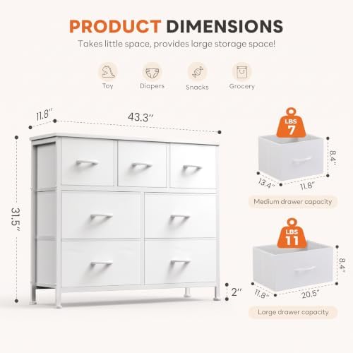 Sweetcrispy 7 Drawer Dresser for Bedroom Storage with Fabric Bins, White - Image 3