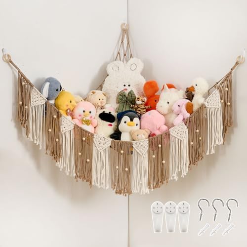 Pretty Jolly Stuffed Animal Hammock with Weaving Tassels and Beads Milk Coffee by PrettyJolly