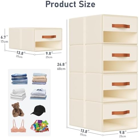DIMJ Closet Organizers and Storage - Pull-out Fabric Bins with Drawers for Closet Foldable Clothes Organizers with Clear Window, Stackable Storage Drawers for Bedroom,Living Room,Shelf,4-Pack, Beige - Image 3