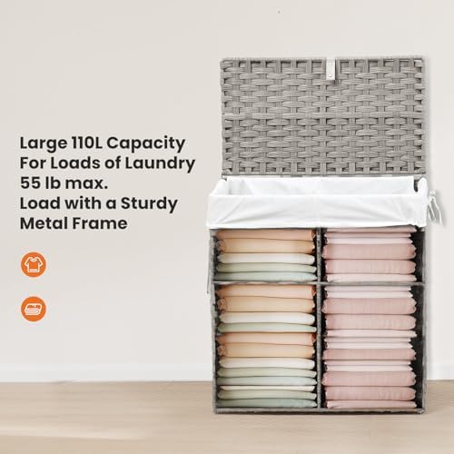 DUMOS Wicker Laundry Basket with Lid, 110L Woven Laundry Hamper with Handles, Foldable Rattan Clothes Hamper with Removable Liner & Sturdy Steel Frame, Dove Gray - Image 3