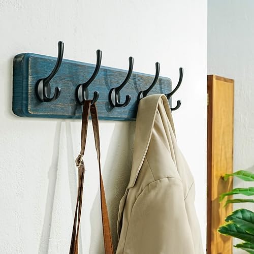 Dseap Coat Rack Wall: Patented, Heavy-Duty, 5-Double-Hooks Wooden Wall Mounted Coat Rack Coat Hanger Hook Rail for Winter Coats Hat Jacket Clothing, Weathered Blue - Image 6