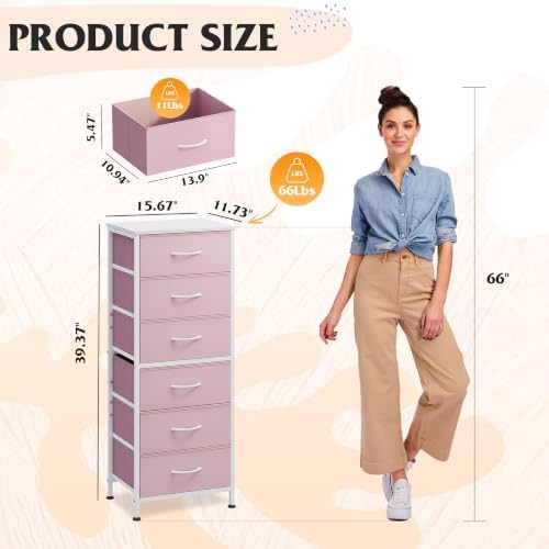 WLIVE Fabric Dresser for Bedroom, 6 Drawer Dressers Chest of Drawers, Pink - Image 3
