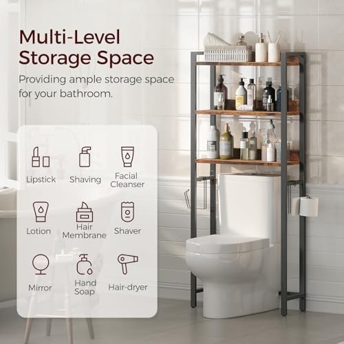 MAHANCRIS Over The Toilet Storage Rack, 3 Tier Bathroom Organizer Over Toilet, Freestanding Space Saver Toilet Stand with 2 Hooks, Bathroom Storage Shelf, Easy to Assemble, Rustic Brown TSHR6001 - Image 3