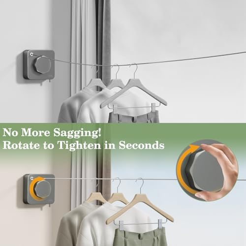 Danpoo Stainless Steel Retractable Clothesline Heavy Duty - 13.7ft Adjustable Tension Non-Drop Clothes Line, Rustproof Metal Wall Mounted Laundry Line(Gray) - Image 4