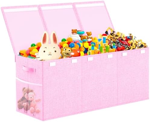 Large Toy Box Storage with Lid, Collapsible Sturdy Toy Chest Bin Pink by Beadsky