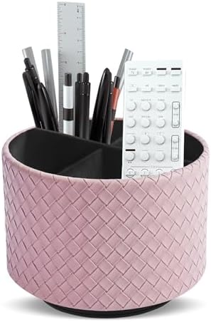 Round Leather Art Supply Organizer,Remote Control Holder,360 Degree Spinning,Multi-Functional Pencil Holder,4 Compartments Desktop Stationary Organizer(1-Weave Purple) by Hennaja