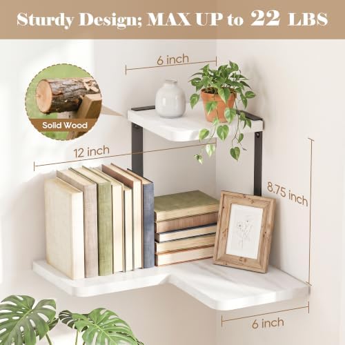 SRIWATANA 2-Tier Corner Shelf, Rustic Wood Storage Display Shelf, White - Image 3