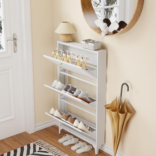 Shoe Cabinet with 3 Flip Drawers, Narrow Shoe Storage Cabinet, Farmhouse Shoe Organizer, Freestanding Organizer with Metal Legs for Entryway, Foyer (White, 3 Door) - Image 2