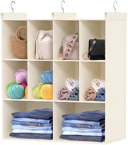 3 Tier Hanging Closet Organizer, 10 Compartments Dual Row Storage, Beige by Ofiray-home